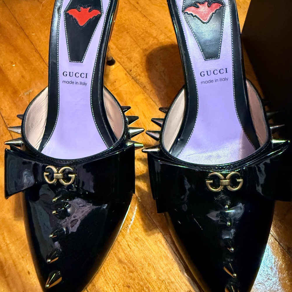 Gucci Black Patent Leather Mules with Gold Accents